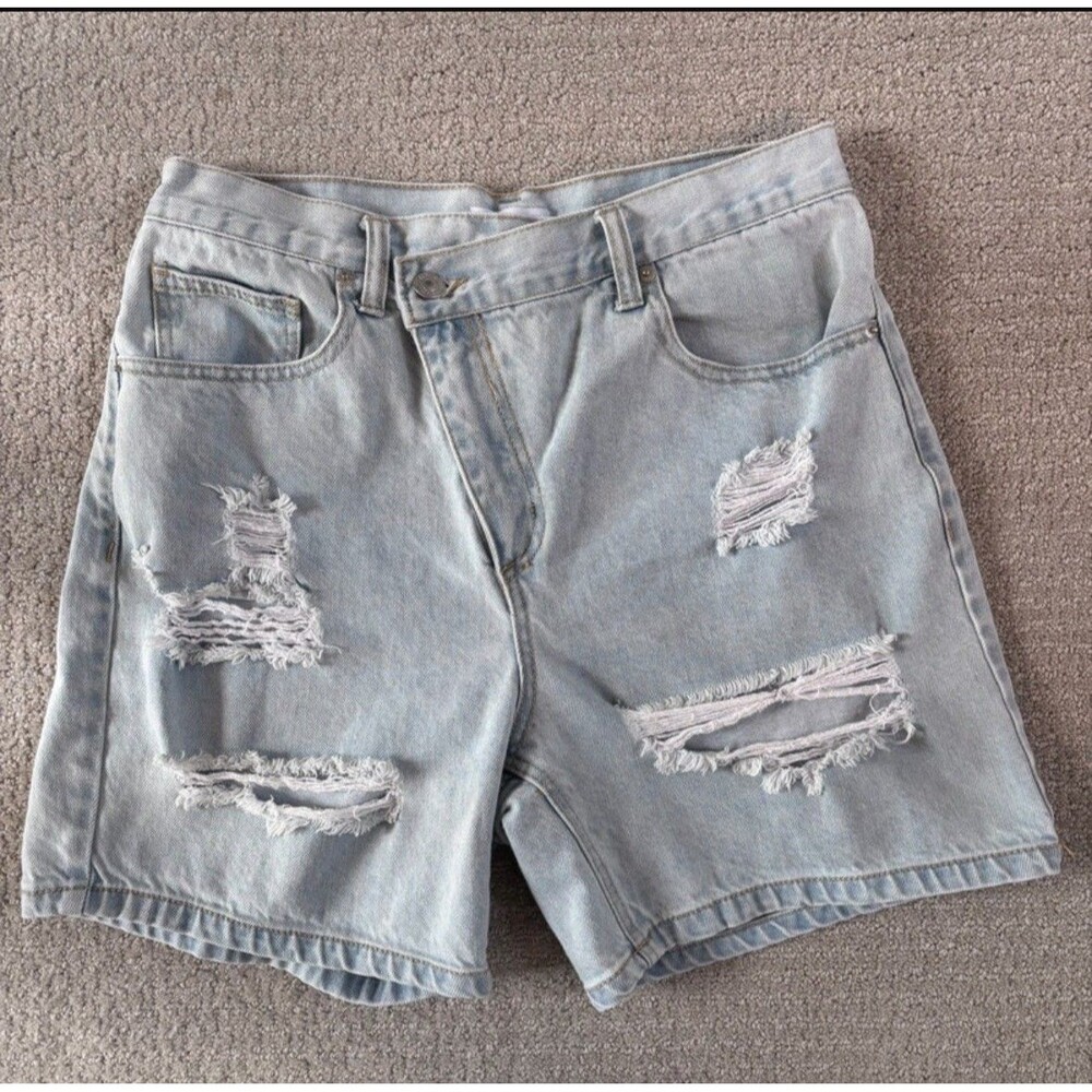 Old Navy Womens Jorts Denim Shorts Blue Jean Asymmetrical Zipper Distressed 28